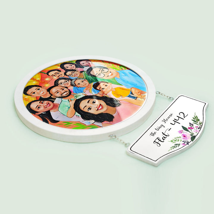 Photo Caricature Hanging Nameplate Large Family 4 - Angled Front View with Hanging Tag
