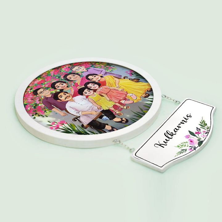 Photo Caricature Hanging Nameplate Large Family 3 - Flat Lay with Hanging Nameplate