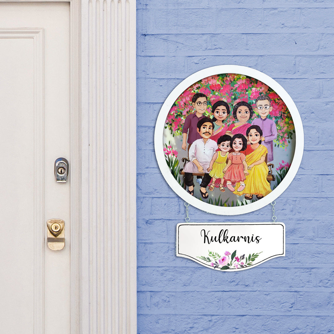 Photo Caricature Hanging Nameplate Large Family 3 - Mounted on Exterior Wall Display