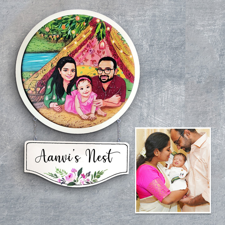 Photo Caricature Hanging Nameplate For Small Family 10 - Wall Hanging with Personalized Illustration