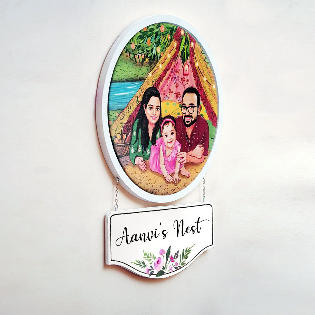 Photo Caricature Hanging Nameplate For Small Family 10 - Side View Hanging with Name Plate