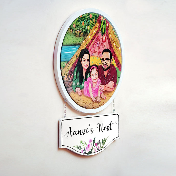 Photo Caricature Hanging Nameplate For Small Family 10 - Side View Hanging with Name Plate