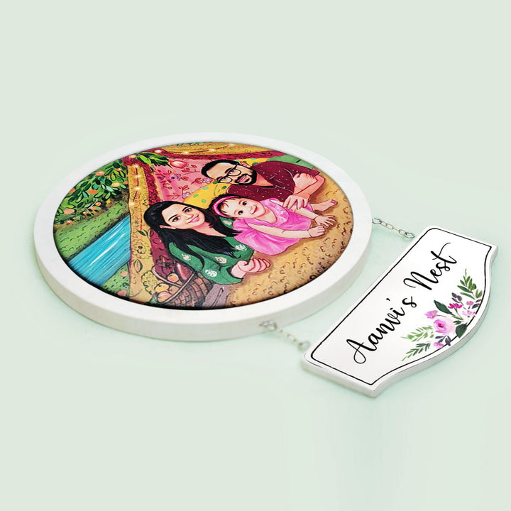 Photo Caricature Hanging Nameplate For Small Family 10 - Angled View Showing Hanging Sign