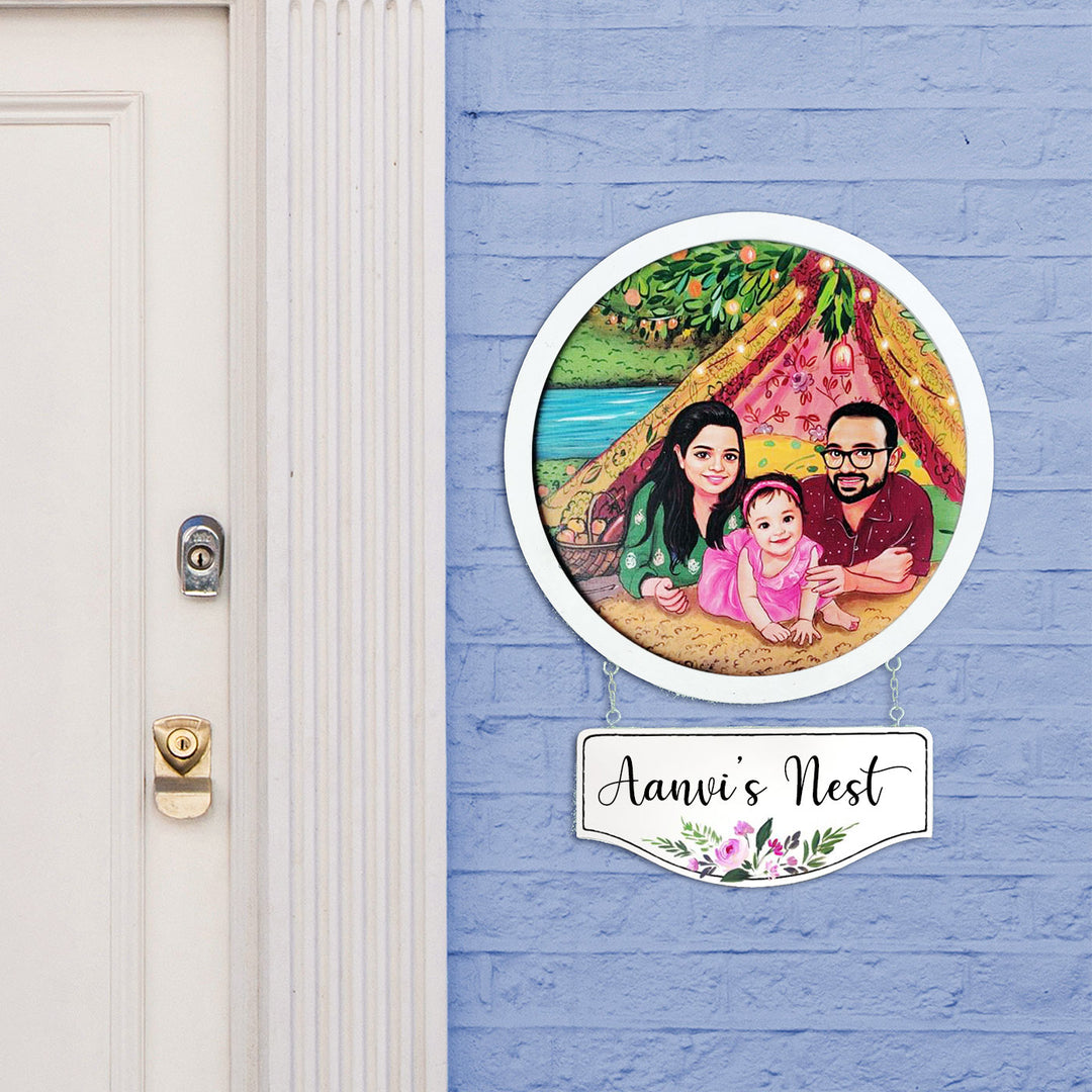 Photo Caricature Hanging Nameplate For Small Family 10 - Mounted on Blue Brick Wall