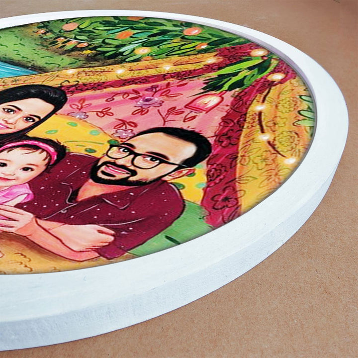 Photo Caricature Hanging Nameplate For Small Family 10 - Angled Close-up Showing Frame Depth