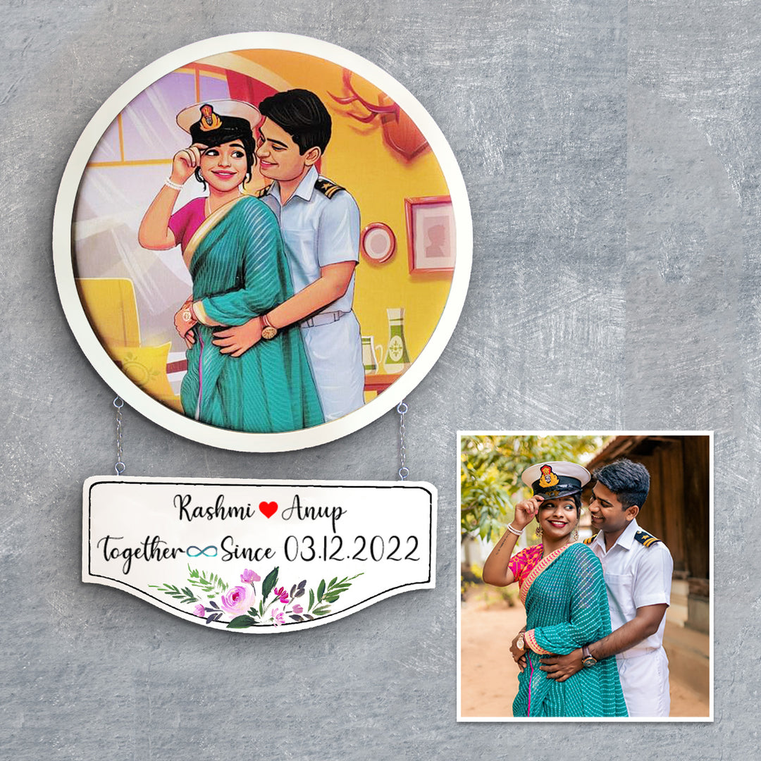 Photo Caricature Hanging Nameplate Couples 8 - Front View with Personalized Date Panel