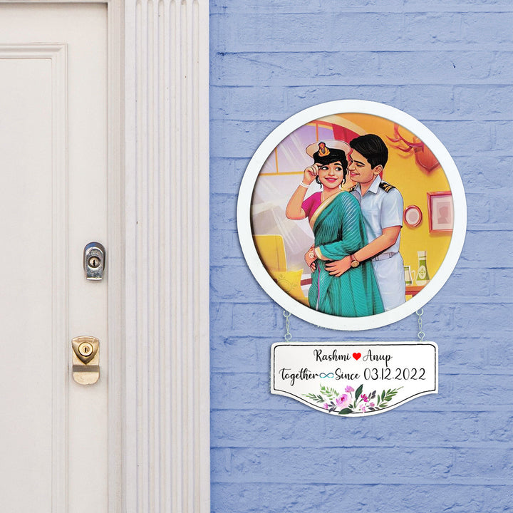 Photo Caricature Hanging Nameplate Couples 8 - Mounted on Exterior Wall with Personalization