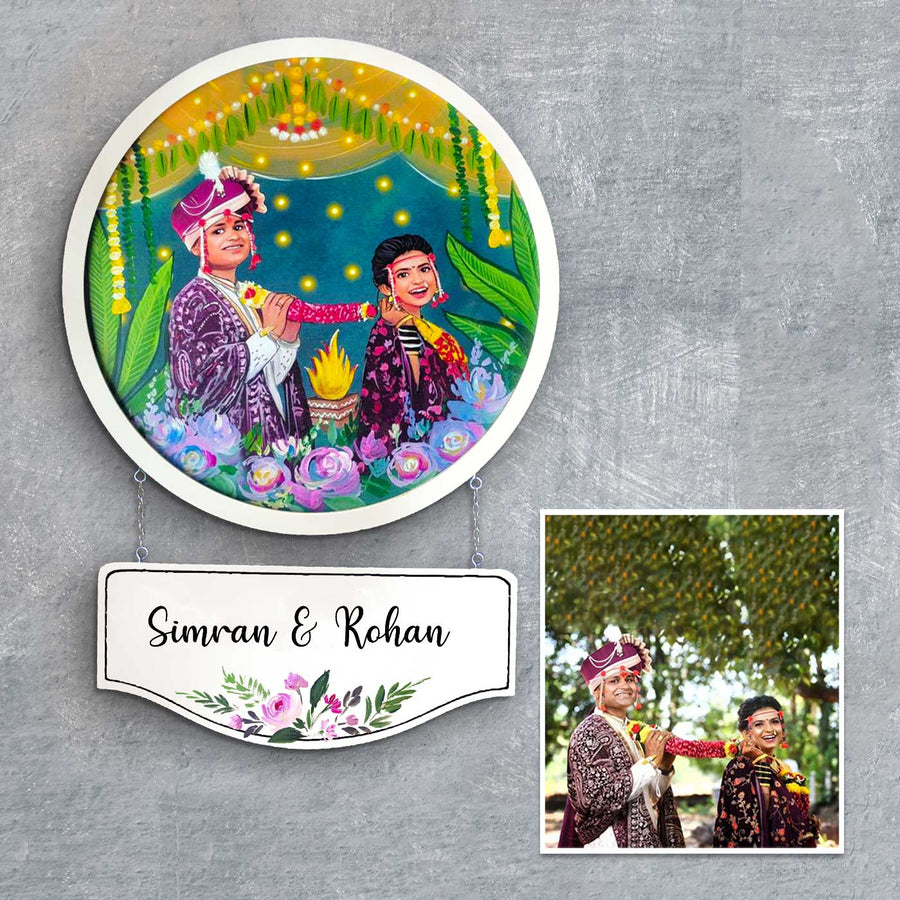 Photo Caricature Hanging Nameplate Wedding Couples 8 - Mounted with Personalized Nameplate