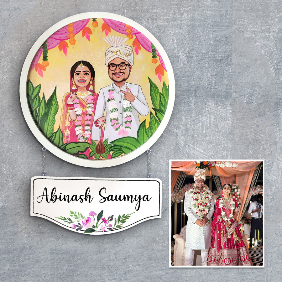 Photo Caricature Hanging Name Plate For Wedding Couples 9 - Illustration with Personalized Name Plate