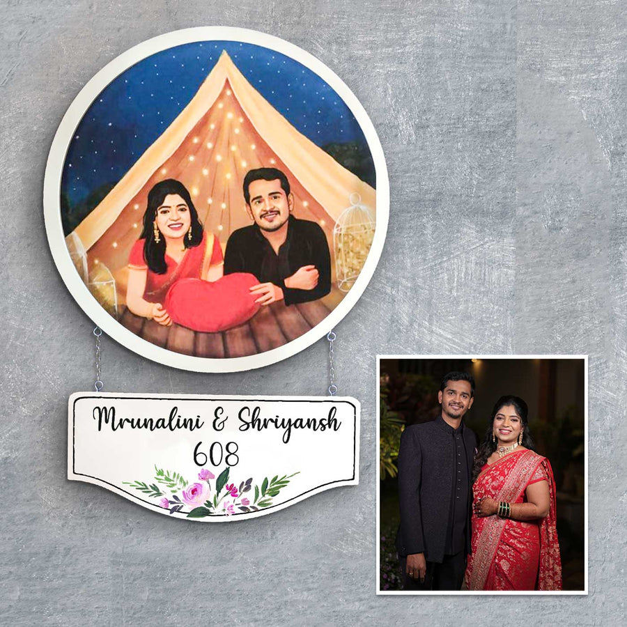Photo Caricature Hanging Name Plate Copy - Personalized Couple Portrait with Nameplate