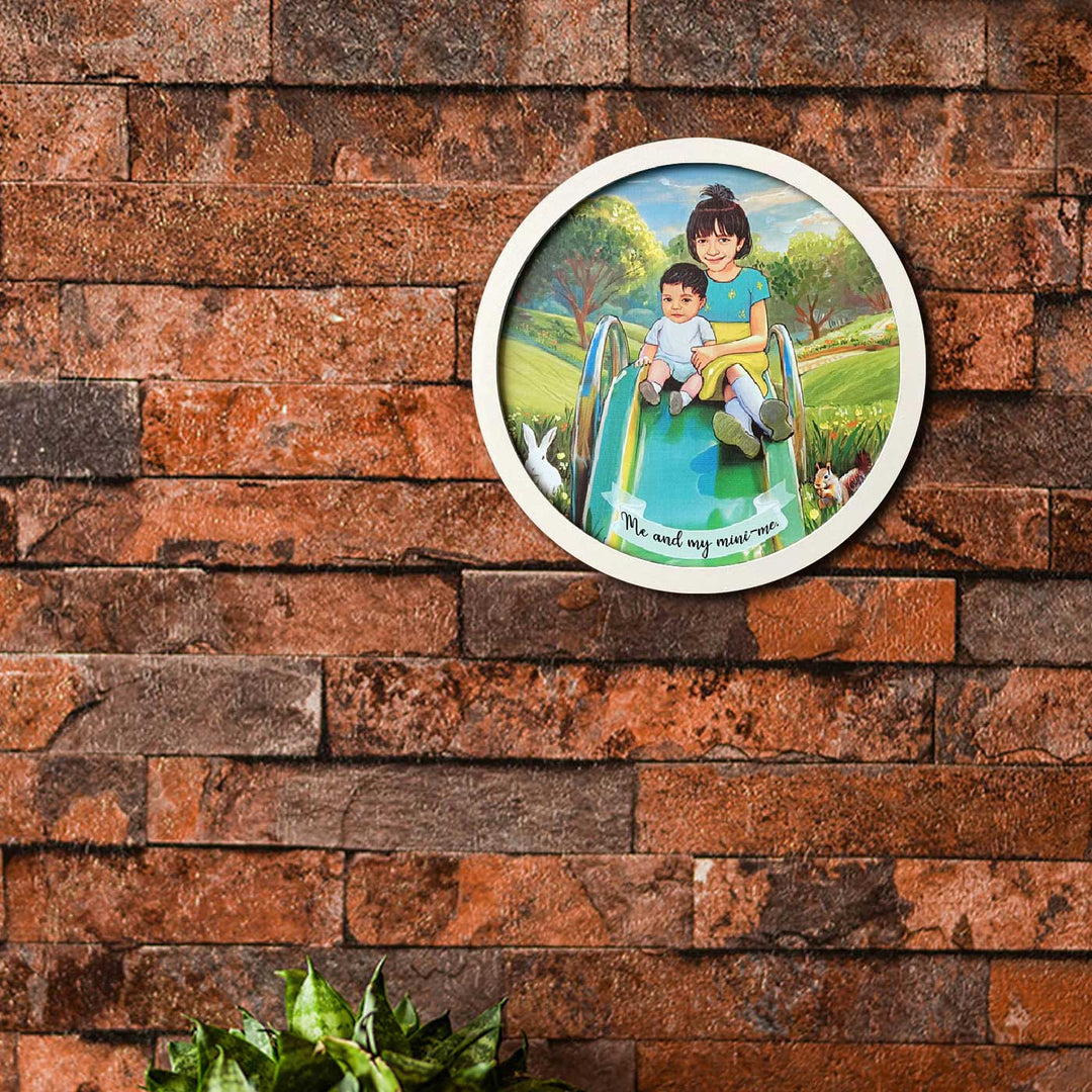 Photo Caricature Name Plate With Stand 7 - Framed Artwork Mounted on Brick Wall