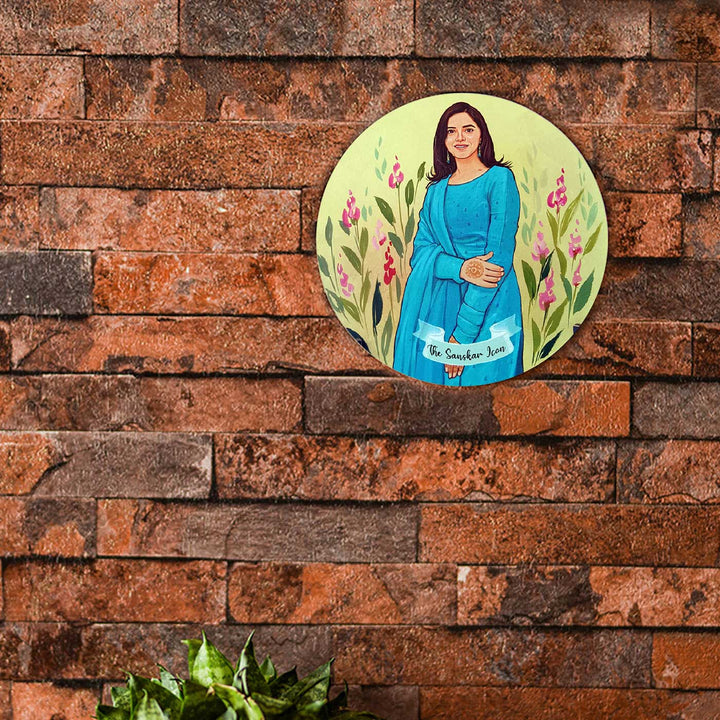 Photo Caricature Name Plate With Stand 5 - Mounted on Brick Wall