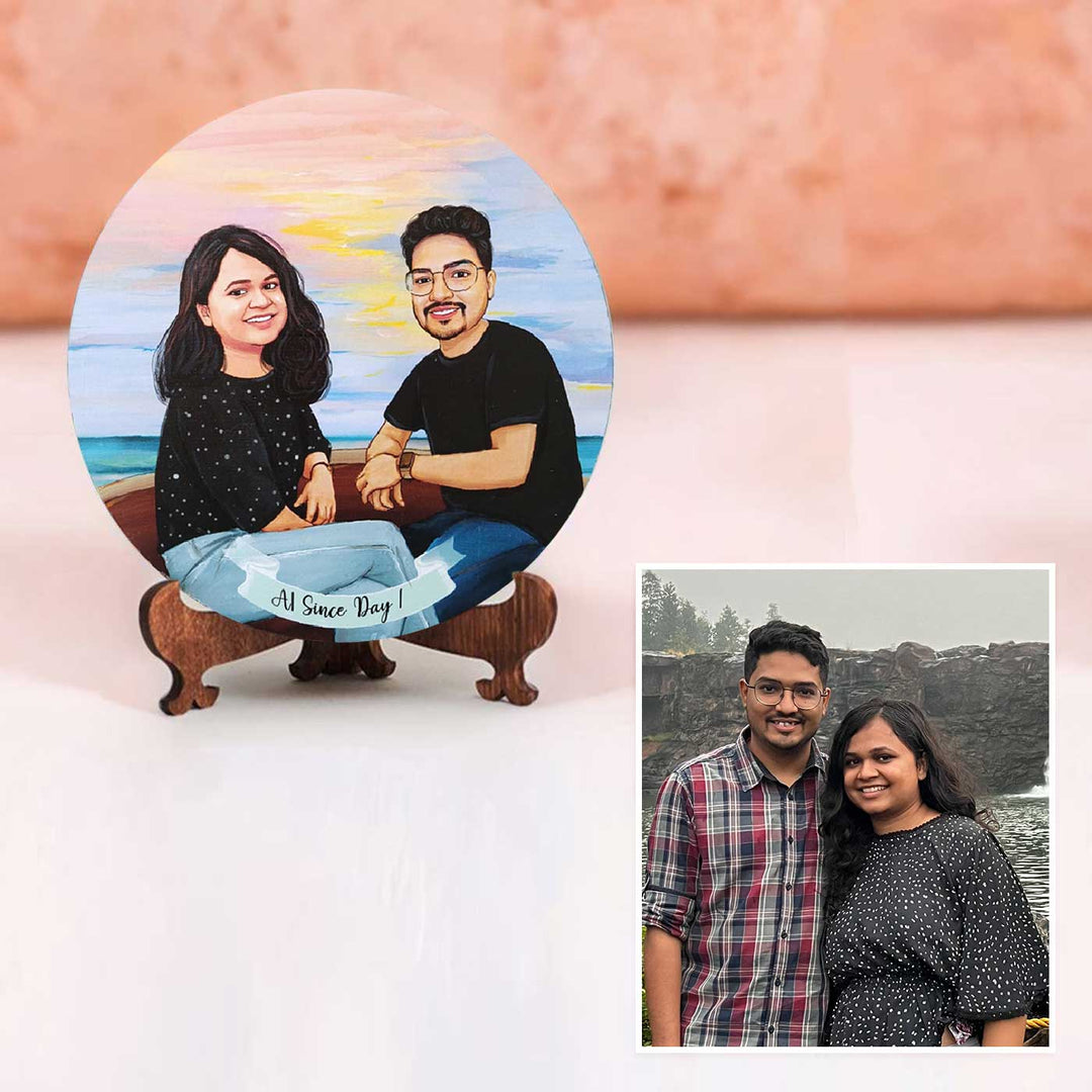 Photo Caricature Name Plate With Stand 5 For Couples - Front View with Stand and Reference Photo