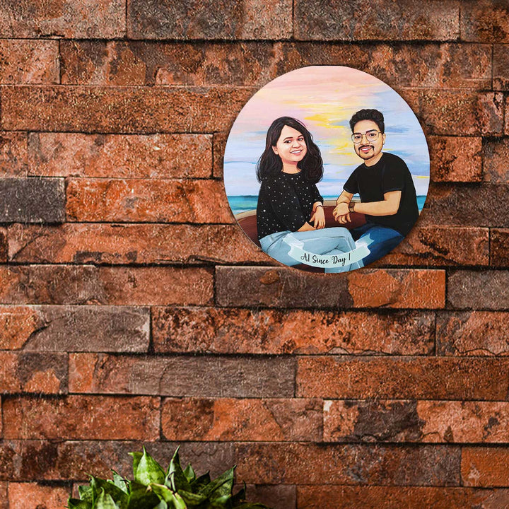 Photo Caricature Name Plate With Stand 5 For Couples - Mounted on Brick Wall