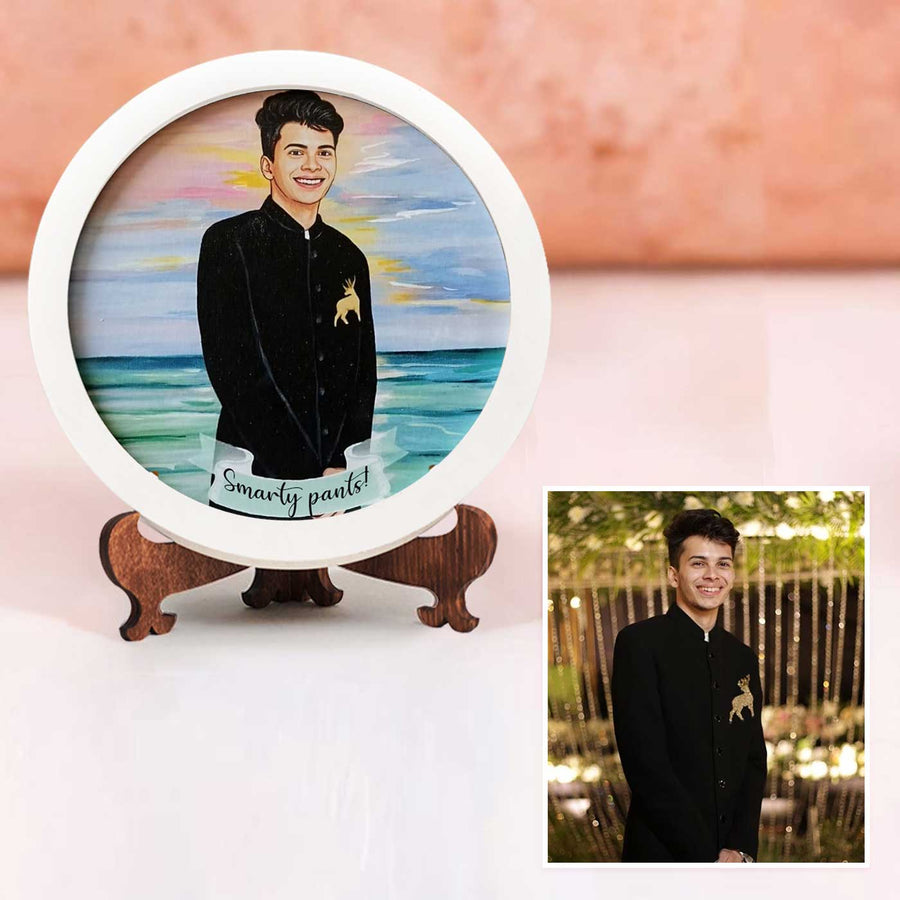 Photo Caricature Name Plate With Stand - Personalized Round Plaque Display