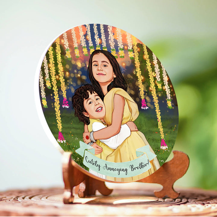 Photo Customized Rakhi Hamper With Caricature Nameplate - Angled Side View on Stand