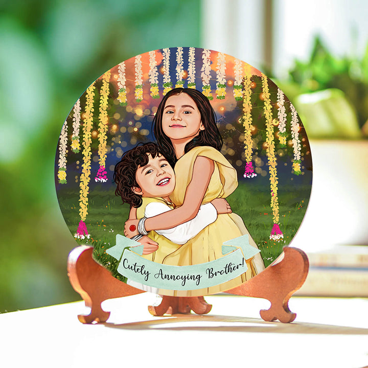 Photo Customized Rakhi Hamper With Caricature Nameplate - Close-up on Stand Display