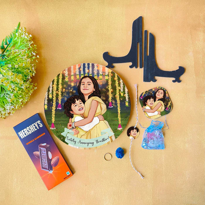 Photo Customized Rakhi Hamper With Caricature Nameplate - Flat Lay of All Components