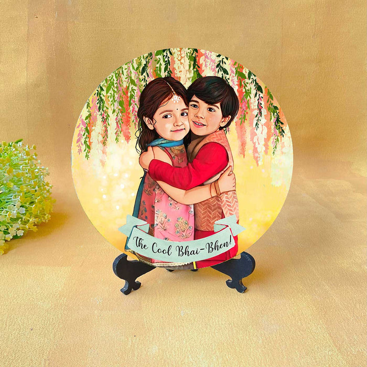 Photo Customized Rakhi Hamper With Caricature Nameplate 1 - Front View on Stand