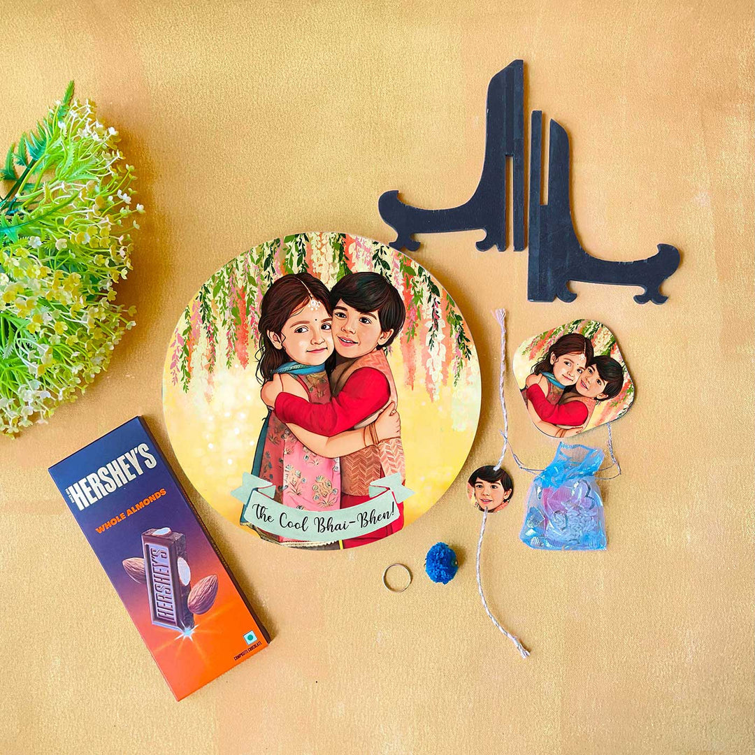 Photo Customized Rakhi Hamper With Caricature Nameplate 1 - Gift Set Components Laid Out