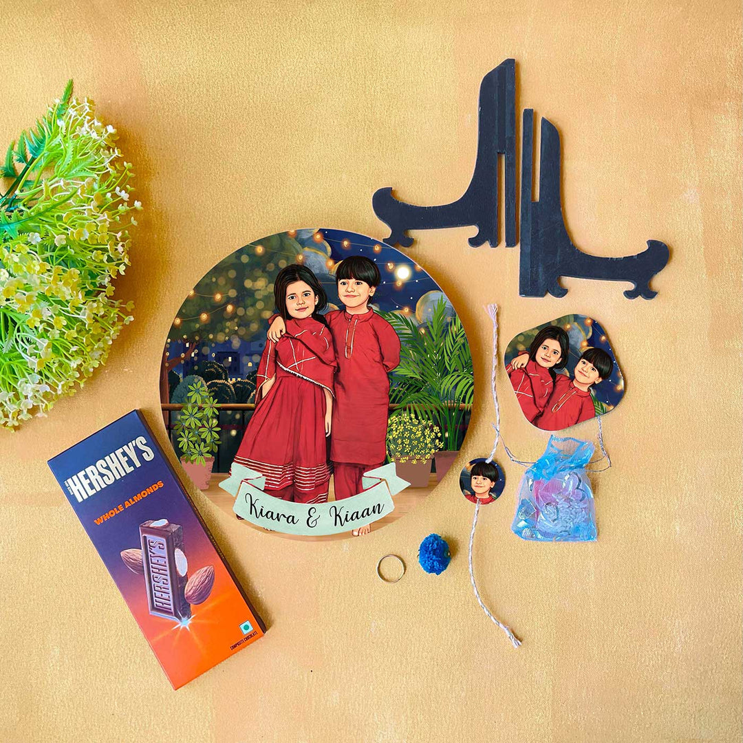 Photo Customized Rakhi Hamper With Caricature Nameplate 3 - Flat Lay with Components