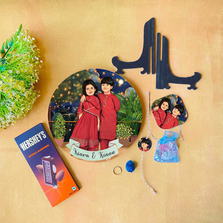 Photo Customized Rakhi Hamper With Caricature Nameplate 3 - Flat Lay with Components