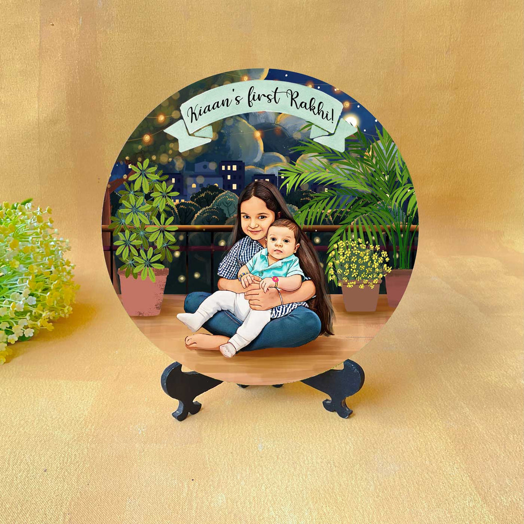 Photo Customized Rakhi Hamper With Caricature Nameplate 2 - Front View on Stand