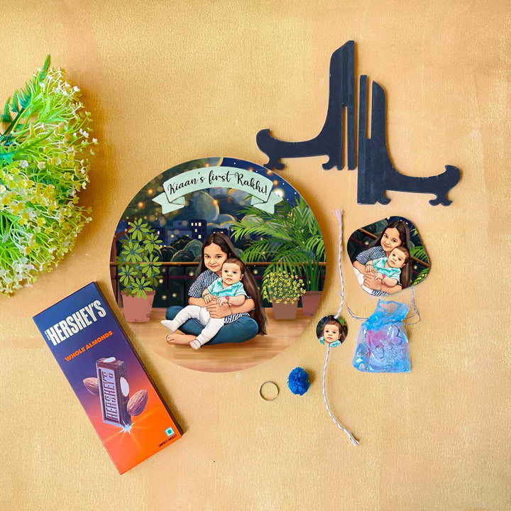 Photo Customized Rakhi Hamper With Caricature Nameplate 2 - Flat Lay Arrangement