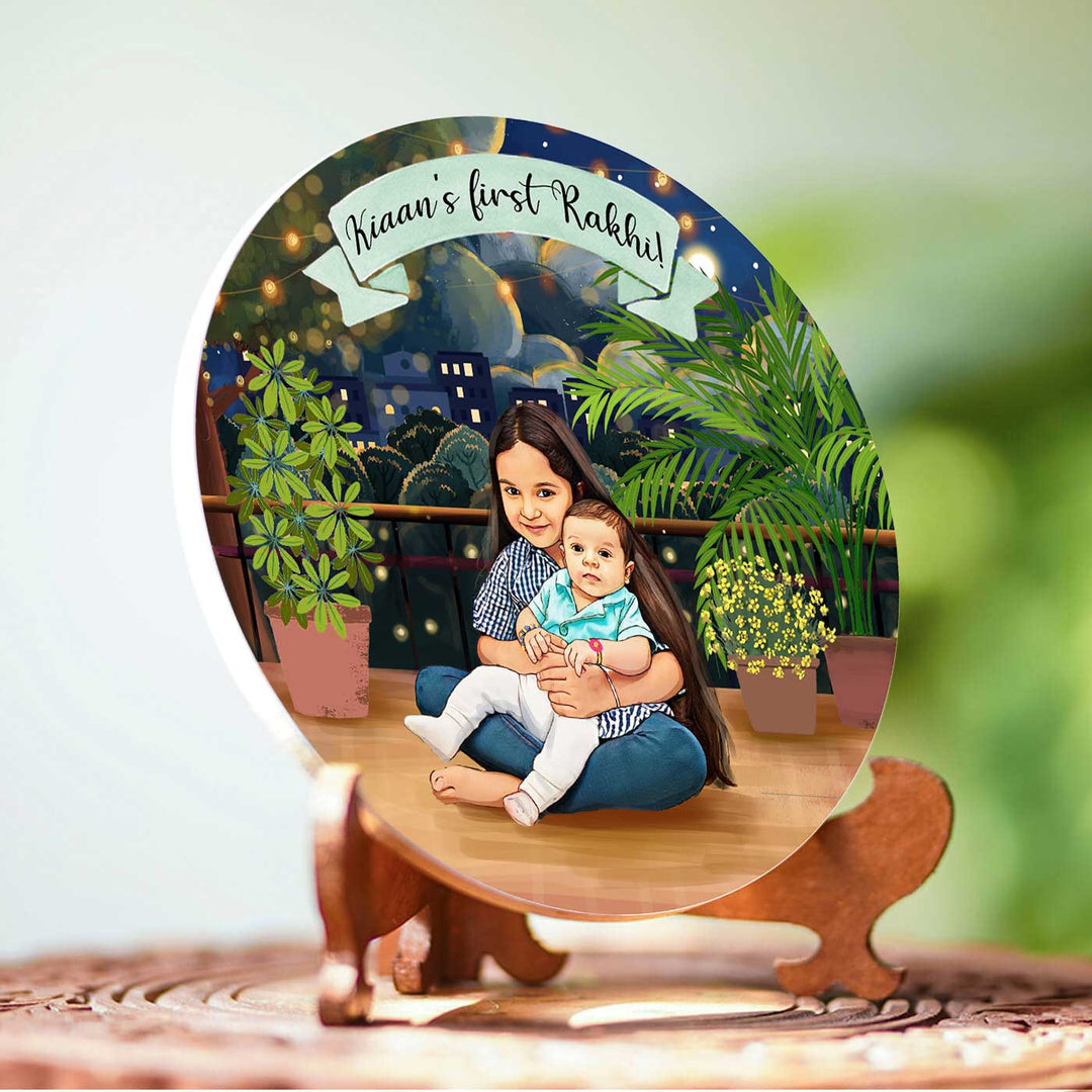 Photo Customized Rakhi Hamper With Caricature Nameplate 2 - Angled View on Stand