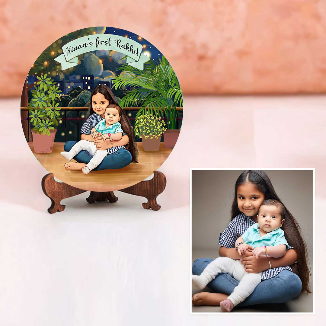 Photo Customized Rakhi Hamper With Caricature Nameplate 2 - Front View with Portrait Insert