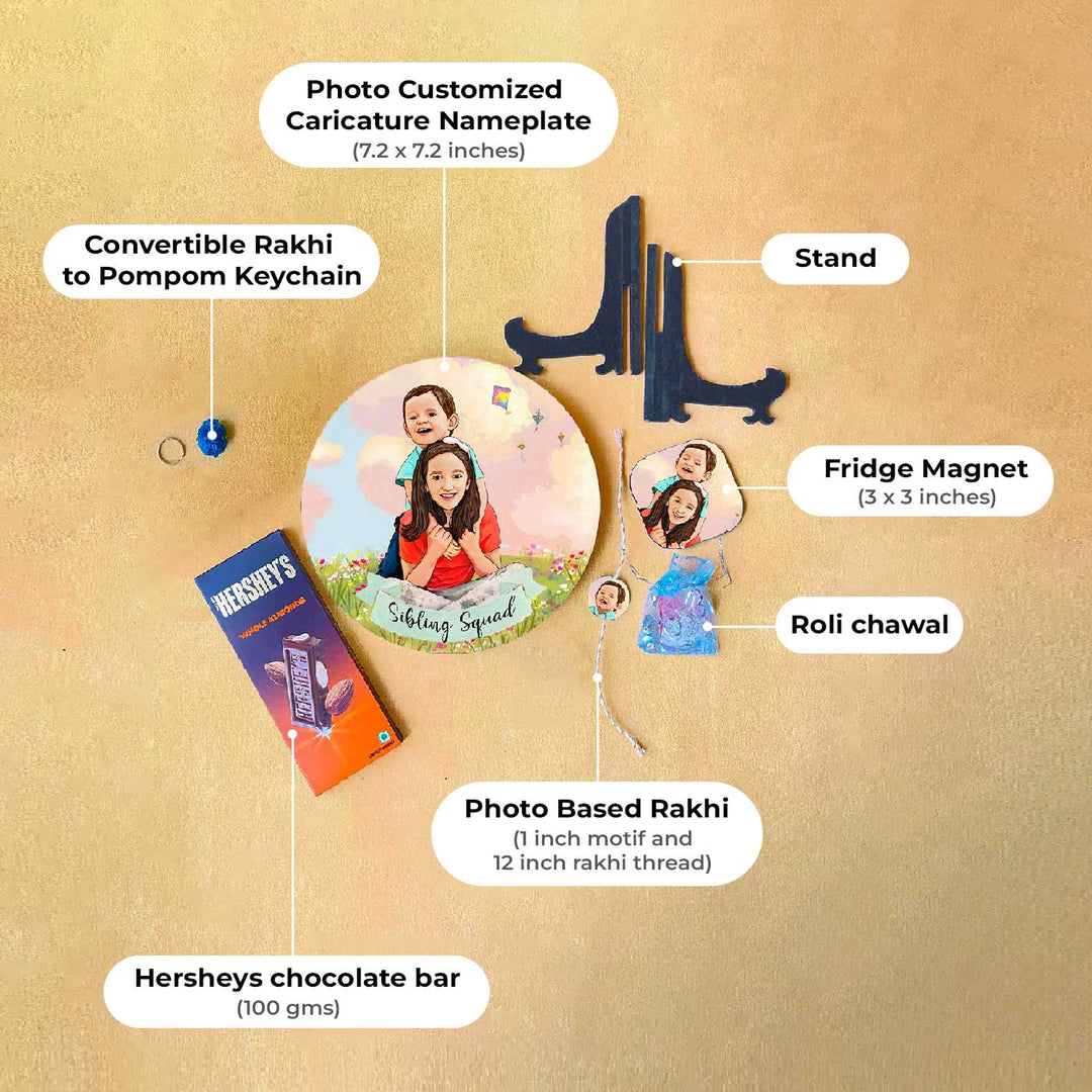 Photo Customized Rakhi Hamper With Caricature Nameplate Sibling Squad - Product Components Diagram