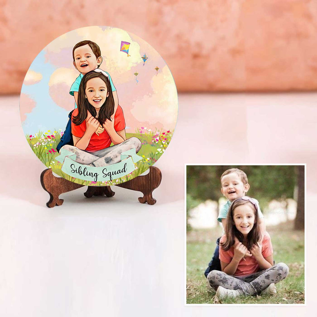 Photo Customized Rakhi Hamper With Caricature Nameplate Sibling Squad - Front View with Photo Example