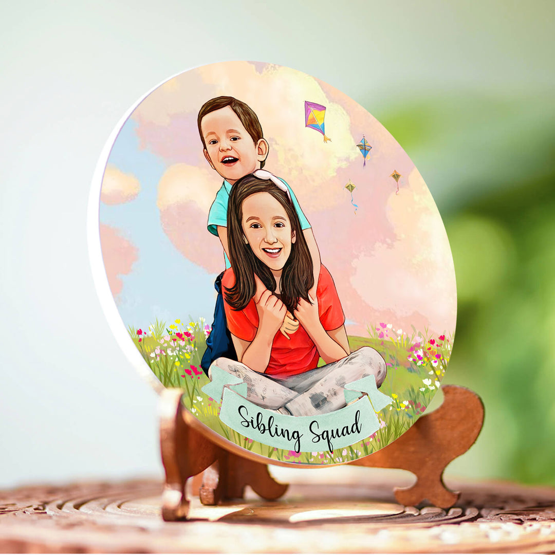Photo Customized Rakhi Hamper With Caricature Nameplate Sibling Squad - Side View Showing Stand
