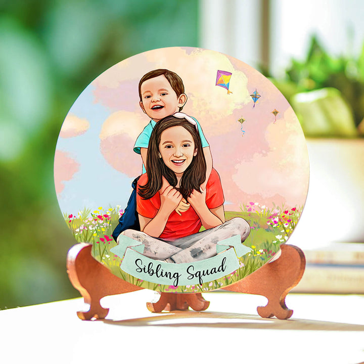 Photo Customized Rakhi Hamper With Caricature Nameplate Sibling Squad - Front View on Stand