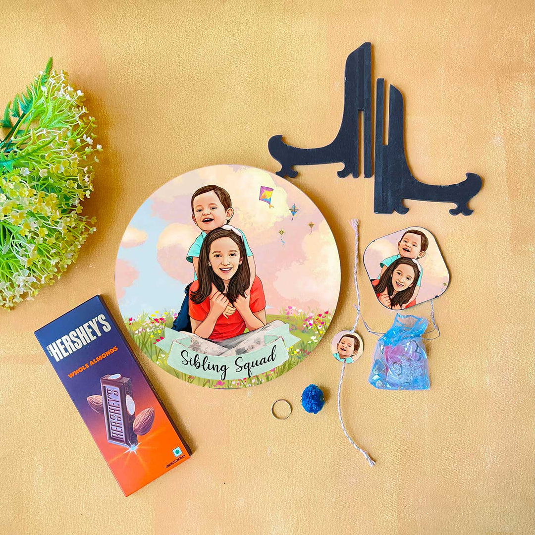 Photo Customized Rakhi Hamper With Caricature Nameplate Sibling Squad - Flattened Product and Accessories