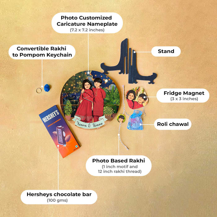 Photo Customized Rakhi Hamper With Caricature Nameplate 3 - Labeled Product Components