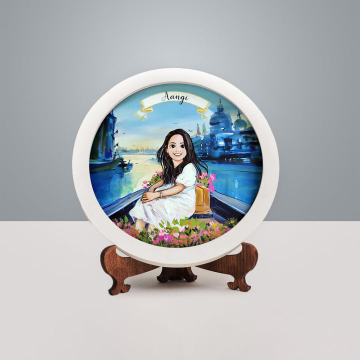 Photo Caricature Nameplate With Stand For Individuals 3 - Front View on Wooden Stand