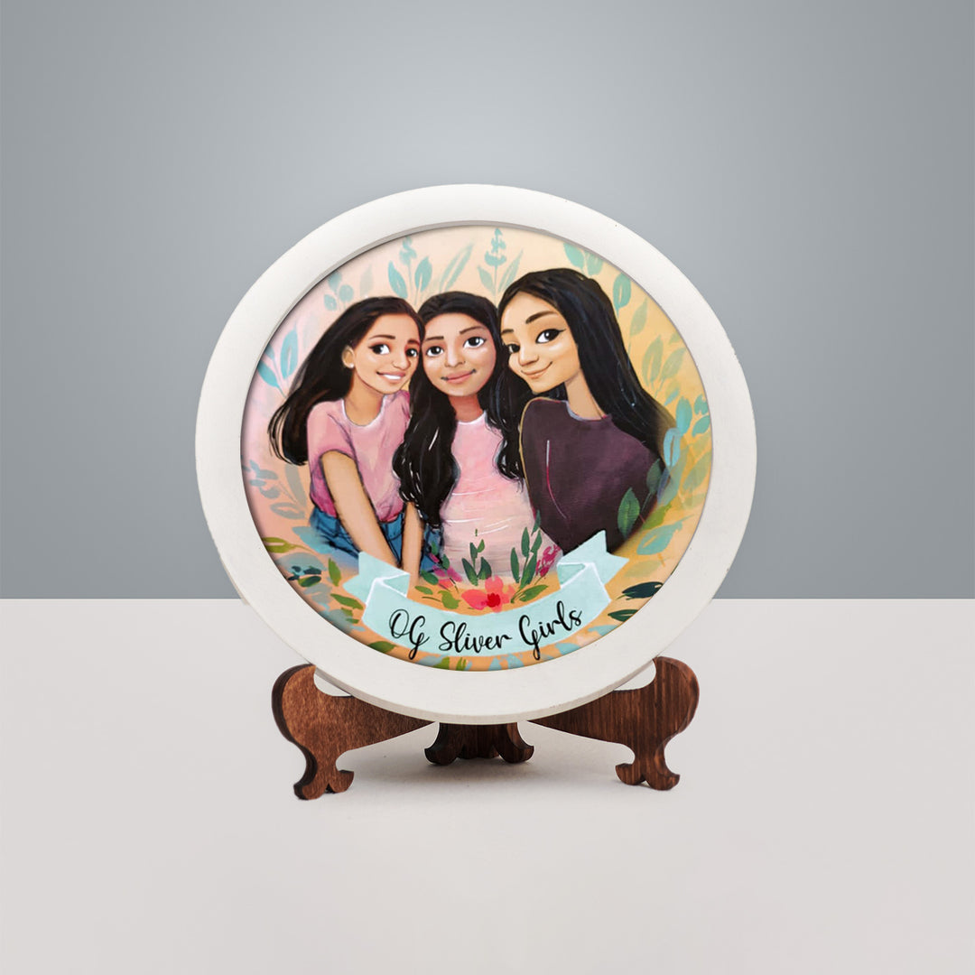 Photo Caricature Nameplate With Stand For Small Family 3 - Front View on Wooden Stand
