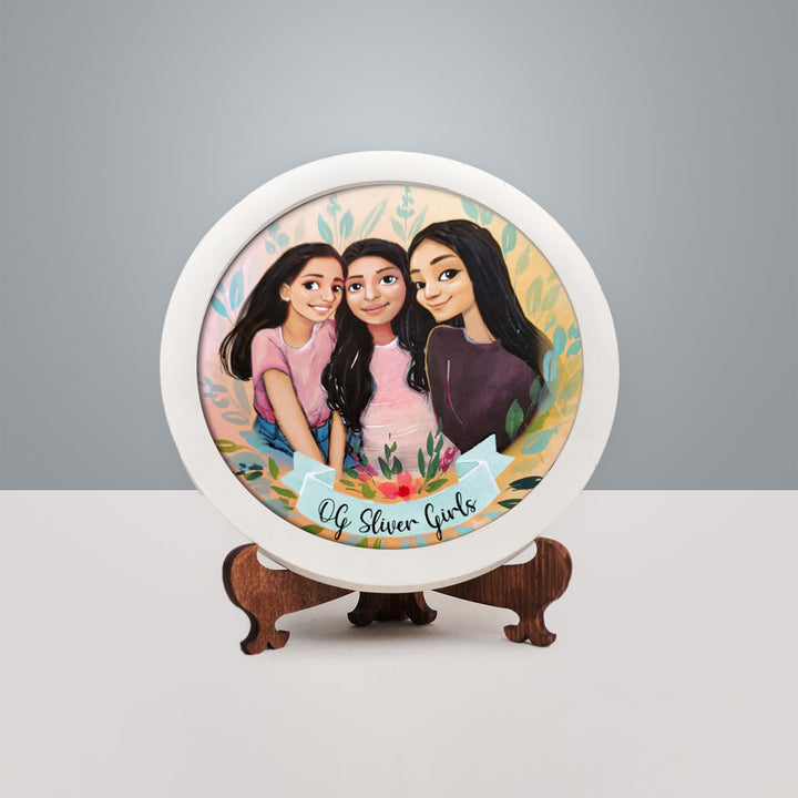 Photo Caricature Nameplate With Stand For Small Family 3 - Front View on Wooden Stand