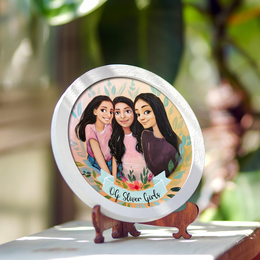 Photo Caricature Nameplate With Stand For Small Family 3 - Front View on Wooden Stand (9)
