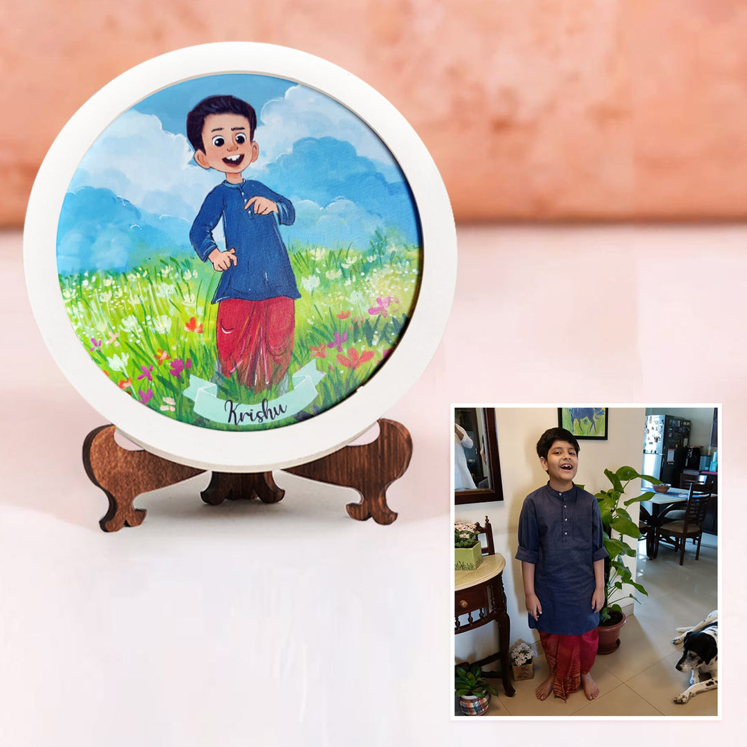 Photo Caricature Nameplate With Stand For Kids 14 - Front View on Wooden Stand