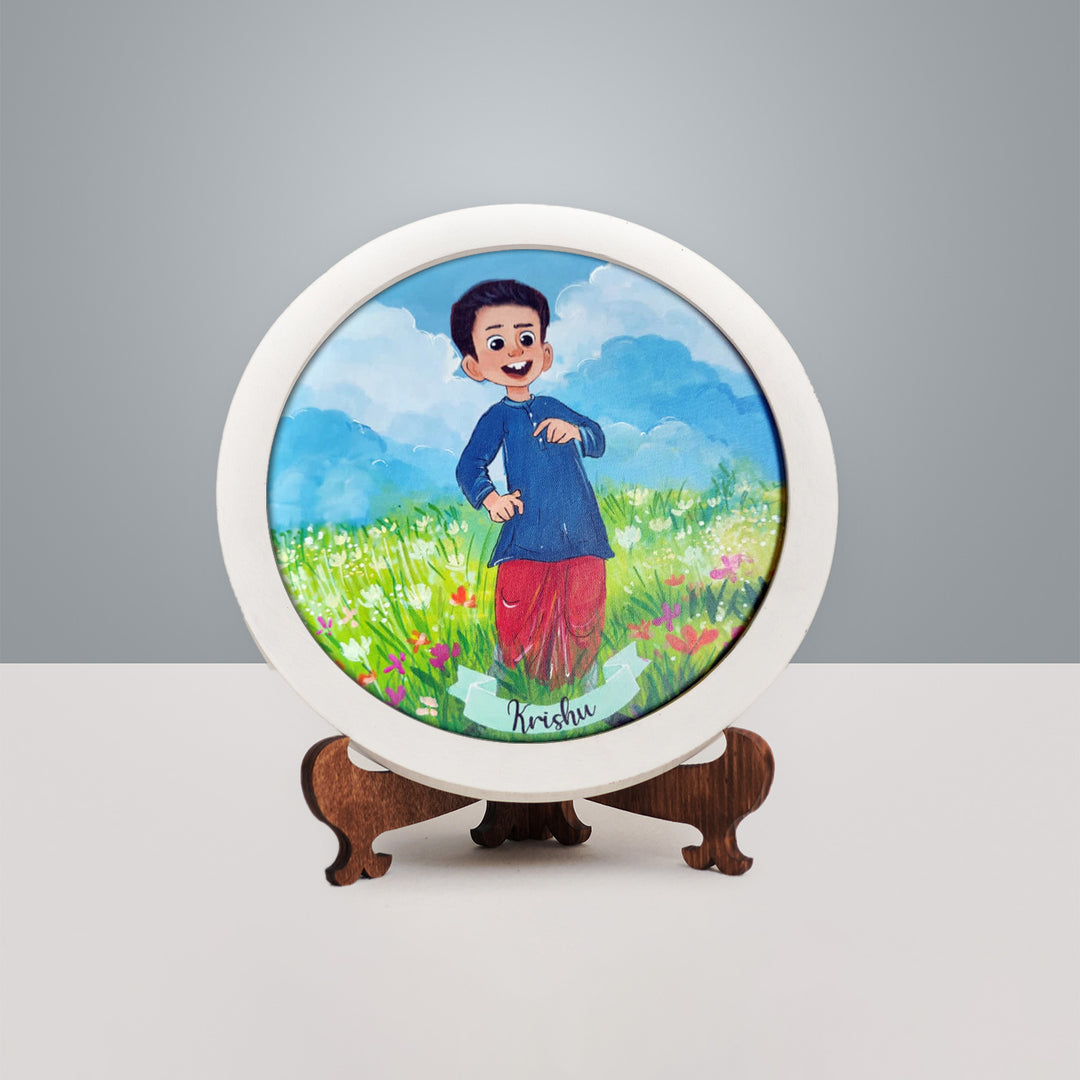 Photo Caricature Nameplate With Stand For Kids 14 - Front View on Stand Display