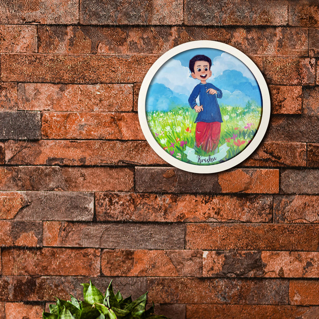 Photo Caricature Nameplate With Stand For Kids 14 - Mounted on Brick Wall Front View