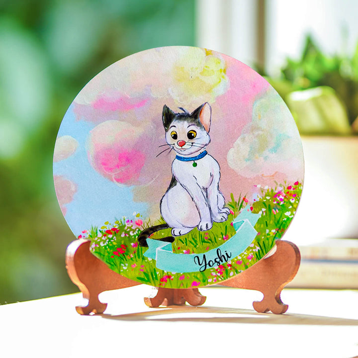 Photo Caricature Nameplate With Stand For Pets 6 - Front View on Wooden Stand