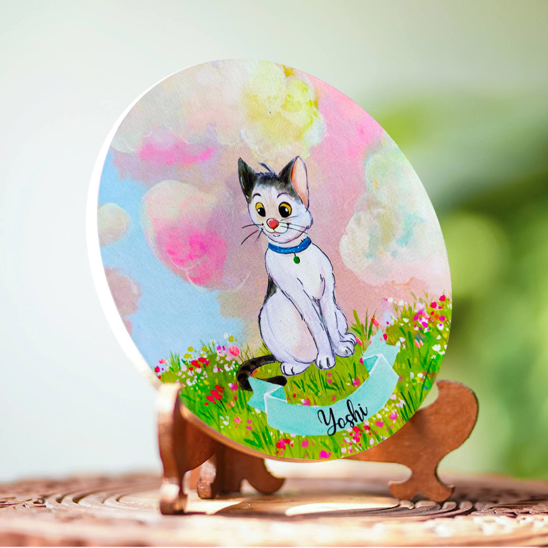 Photo Caricature Nameplate With Stand For Pets 6 - Angled View on Display Stand