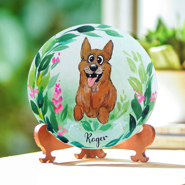 Photo Caricature Nameplate With Stand For Pets 10 - Front View on Wooden Stand