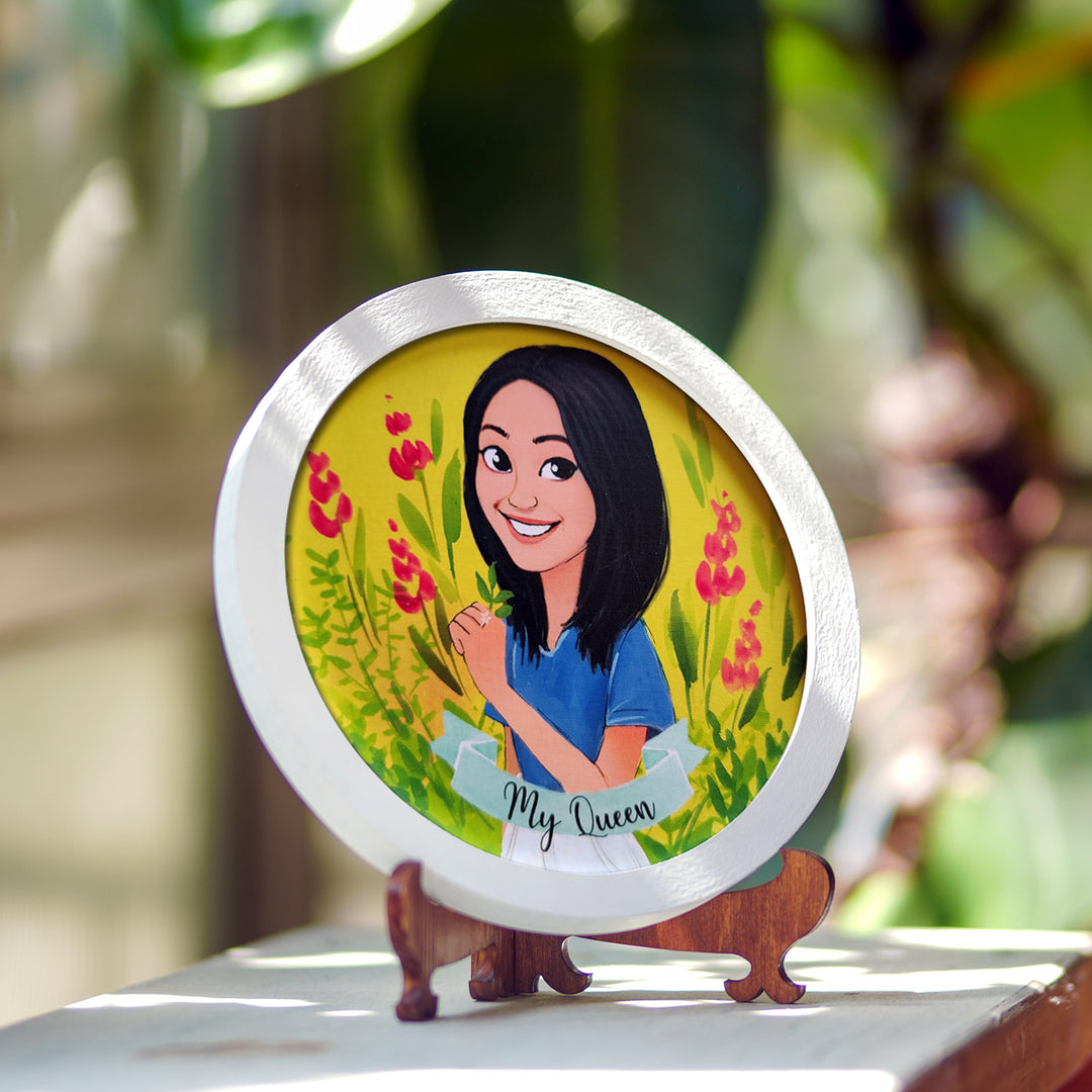 Photo Caricature Nameplate With Stand For Individuals 9 - Front View on Wooden Stand