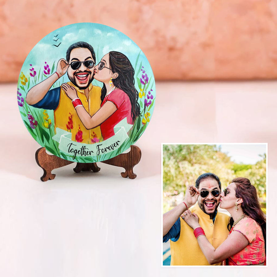 Photo Caricature Nameplate With Stand For Couples 9 - Front View with Personalized Illustration