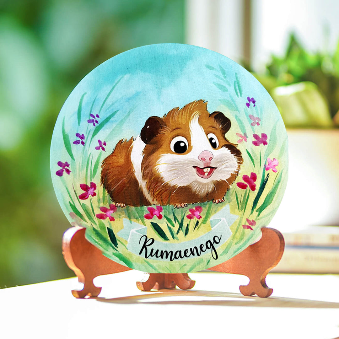 Photo Caricature Nameplate With Stand For Pets 2 - Front View on Wooden Stand