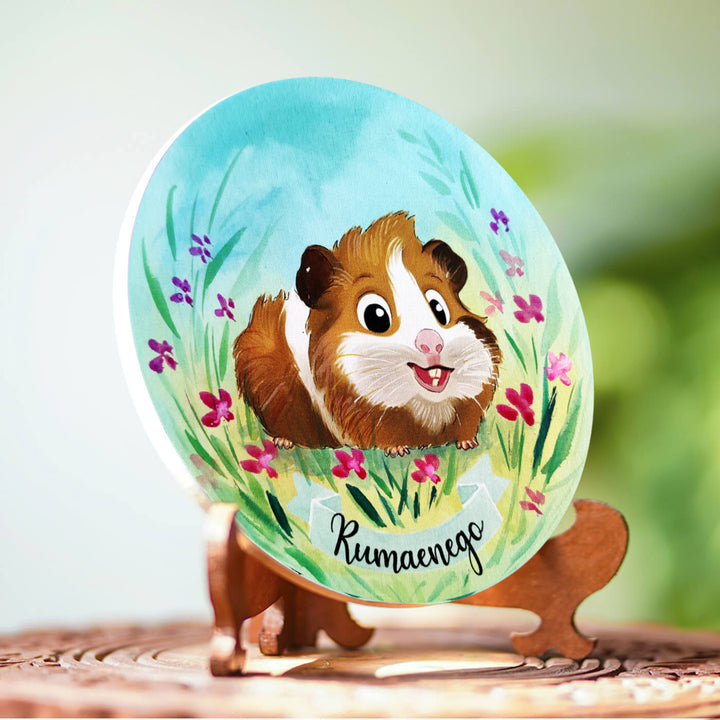 Photo Caricature Nameplate With Stand For Pets 2 - Angled Front View on Wood Stand